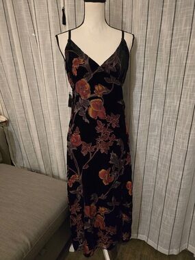 Rachel Zoe Black Velvet Maxi Dress with Orange and Pink Floral Motif